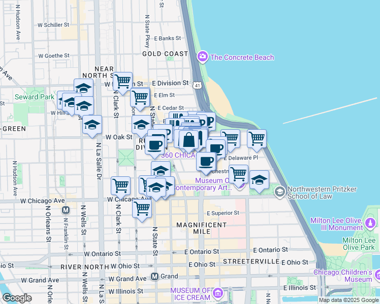 map of restaurants, bars, coffee shops, grocery stores, and more near 900 Michigan Avenue in Chicago