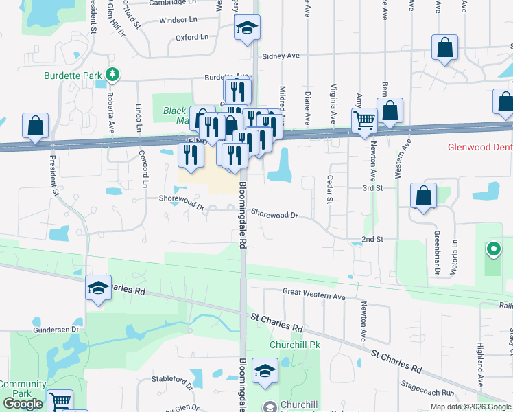 map of restaurants, bars, coffee shops, grocery stores, and more near 208 Shorewood Drive in Glendale Heights