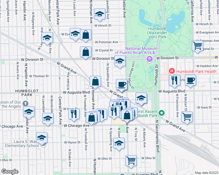 map of restaurants, bars, coffee shops, grocery stores, and more near 1000 North Spaulding Avenue in Chicago