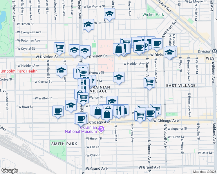 map of restaurants, bars, coffee shops, grocery stores, and more near 2222 West Augusta Boulevard in Chicago