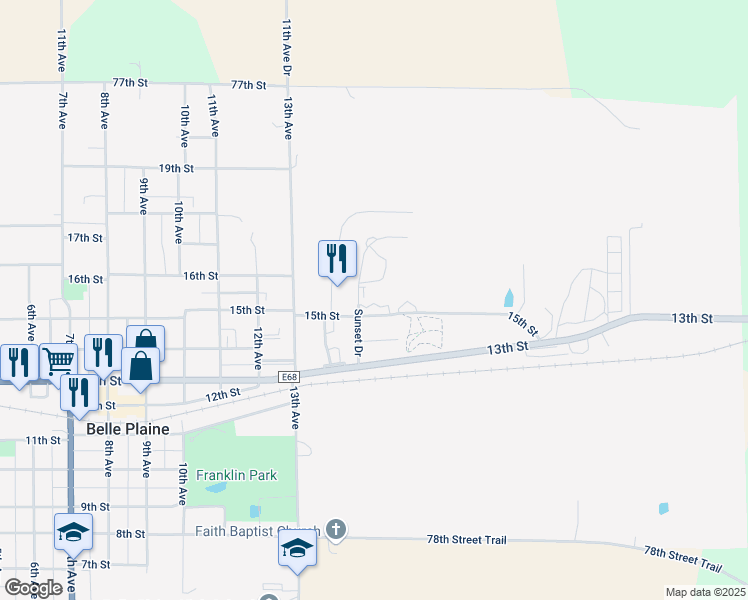 map of restaurants, bars, coffee shops, grocery stores, and more near 1505 Sunset Drive in Belle Plaine