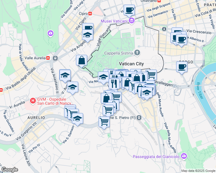 map of restaurants, bars, coffee shops, grocery stores, and more near 113 Via Aurelia in Rome