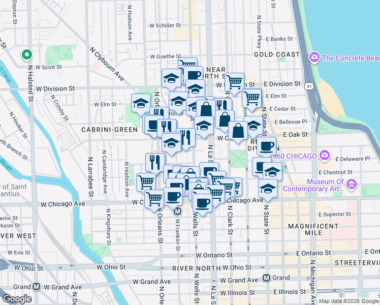 map of restaurants, bars, coffee shops, grocery stores, and more near in Chicago