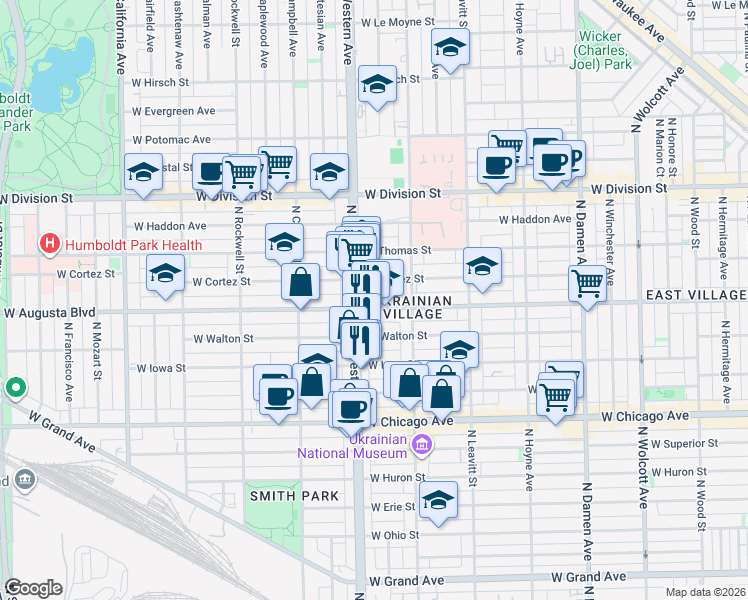 map of restaurants, bars, coffee shops, grocery stores, and more near 2322 West Augusta Boulevard in Chicago