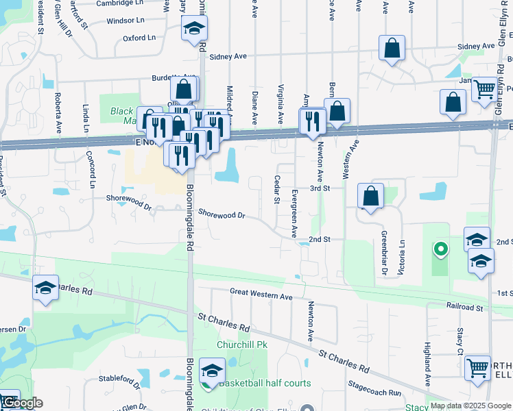 map of restaurants, bars, coffee shops, grocery stores, and more near 1118 Shorewood Court in Glendale Heights