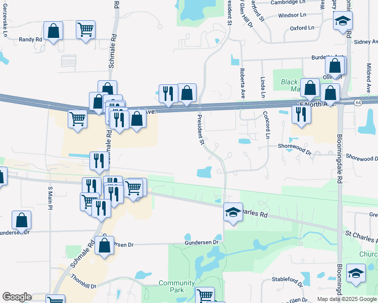 map of restaurants, bars, coffee shops, grocery stores, and more near 201 Flame Drive in Carol Stream