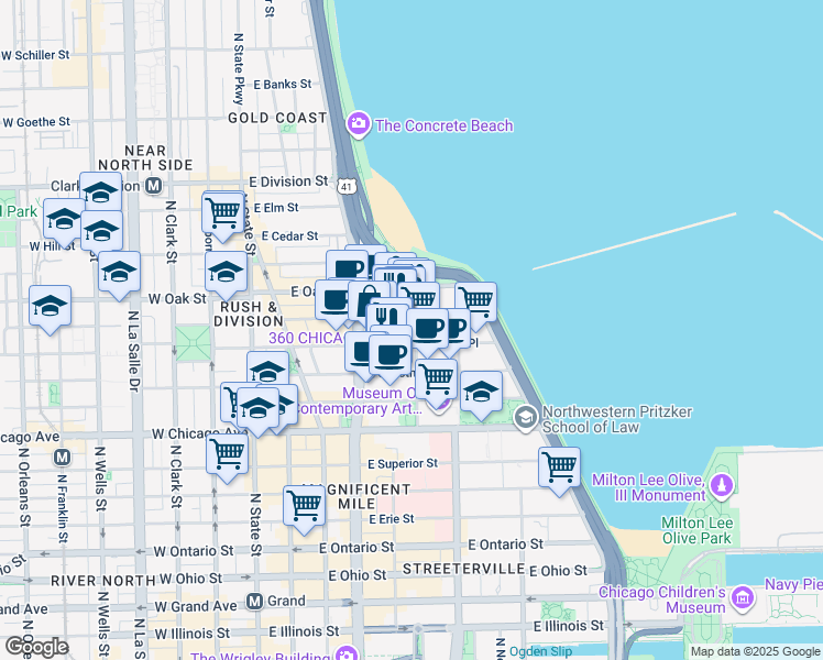 map of restaurants, bars, coffee shops, grocery stores, and more near 55 East Delaware Place in Chicago