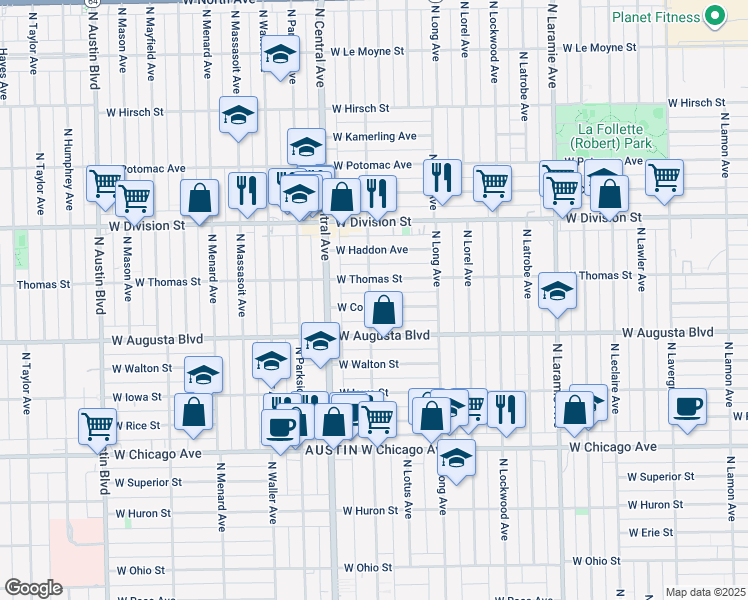 map of restaurants, bars, coffee shops, grocery stores, and more near 1039 North Pine Avenue in Chicago