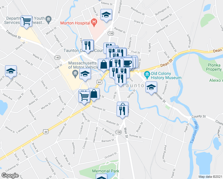 map of restaurants, bars, coffee shops, grocery stores, and more near 5 Hill Street in Taunton