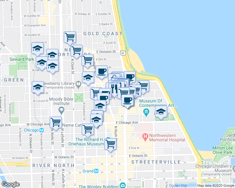 map of restaurants, bars, coffee shops, grocery stores, and more near 900 Michigan Avenue in Chicago