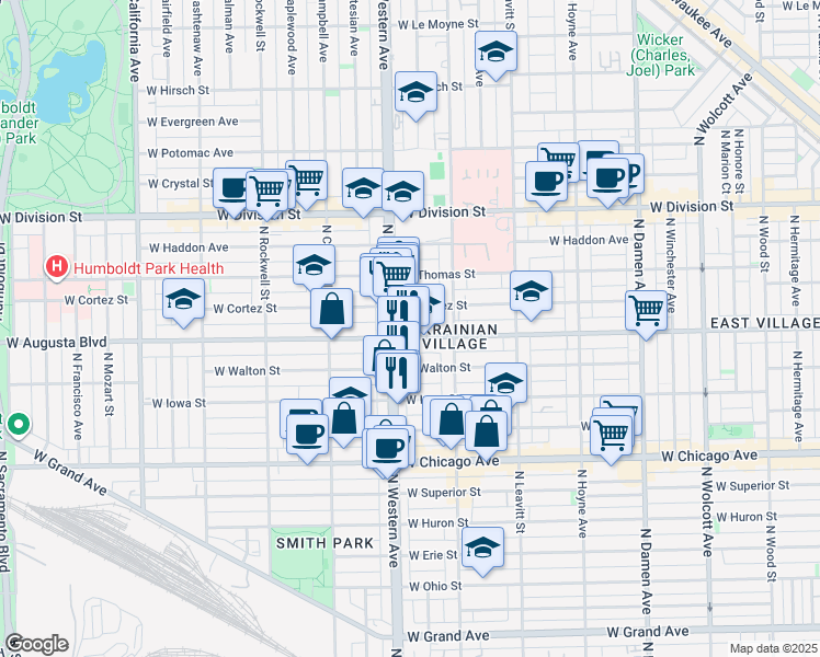 map of restaurants, bars, coffee shops, grocery stores, and more near 2342 West Augusta Boulevard in Chicago