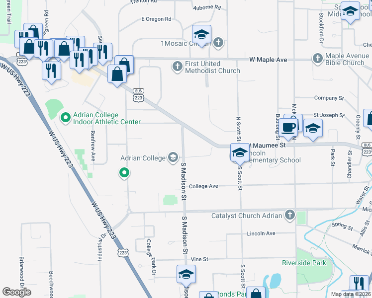 map of restaurants, bars, coffee shops, grocery stores, and more near 1164 Williams Street in Adrian