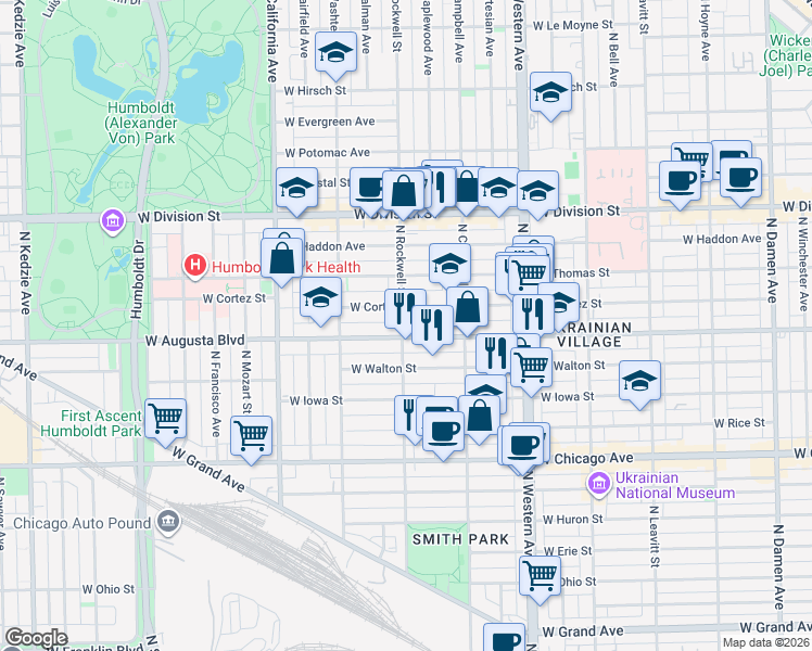 map of restaurants, bars, coffee shops, grocery stores, and more near 1009 North Rockwell Street in Chicago