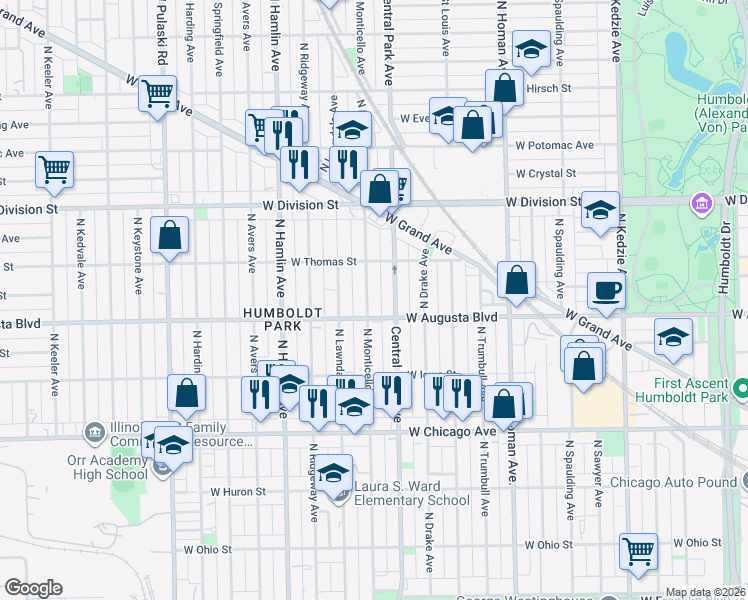 map of restaurants, bars, coffee shops, grocery stores, and more near 1017 North Monticello Avenue in Chicago