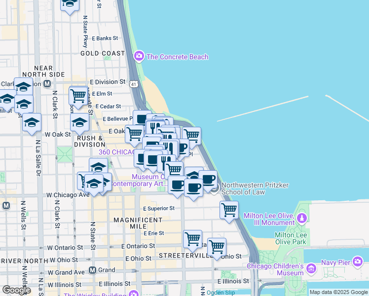 map of restaurants, bars, coffee shops, grocery stores, and more near 900 North Lake Shore Drive in Chicago