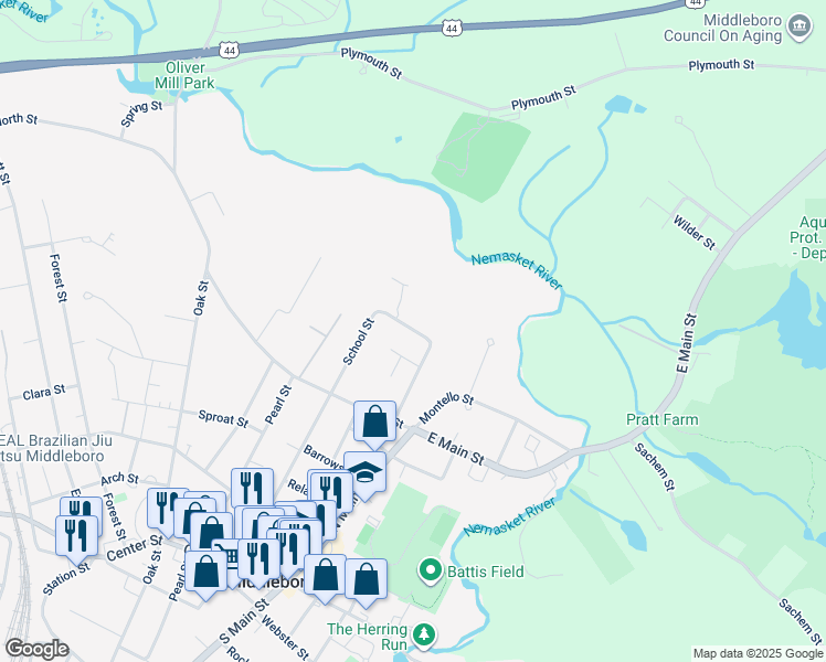 map of restaurants, bars, coffee shops, grocery stores, and more near 5 Bloomfield Avenue in Middleborough