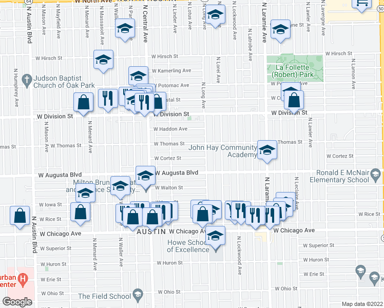 map of restaurants, bars, coffee shops, grocery stores, and more near 5428 West Cortez Street in Chicago