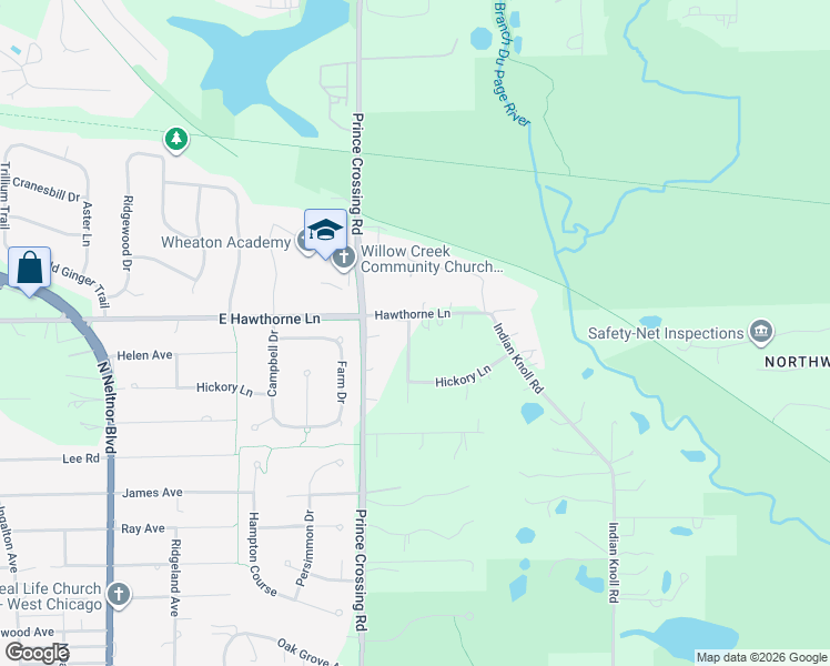 map of restaurants, bars, coffee shops, grocery stores, and more near 28W715 Hawthorne Lane in West Chicago