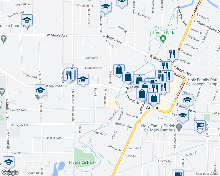 map of restaurants, bars, coffee shops, grocery stores, and more near 505 West Maumee Street in Adrian