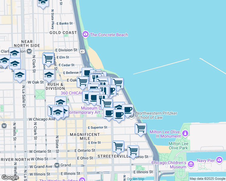 map of restaurants, bars, coffee shops, grocery stores, and more near 900 North Lake Shore Drive in Chicago