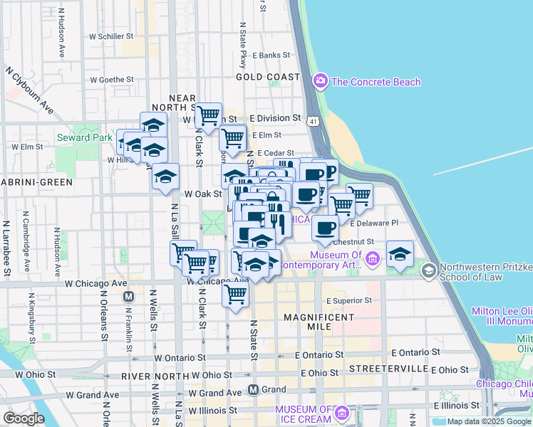 map of restaurants, bars, coffee shops, grocery stores, and more near 12 East Walton Street in Chicago