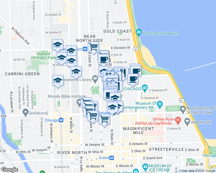 map of restaurants, bars, coffee shops, grocery stores, and more near 908 North State Street in Chicago