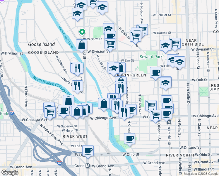 map of restaurants, bars, coffee shops, grocery stores, and more near in Chicago