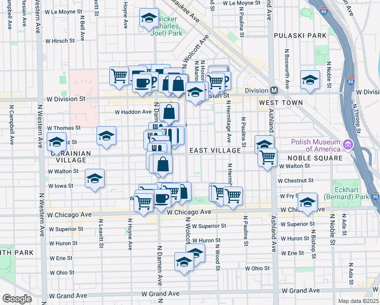 map of restaurants, bars, coffee shops, grocery stores, and more near 958 North Wolcott Avenue in Chicago