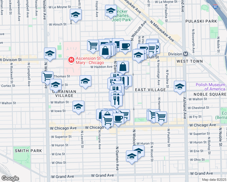 map of restaurants, bars, coffee shops, grocery stores, and more near 2021 West Augusta Boulevard in Chicago
