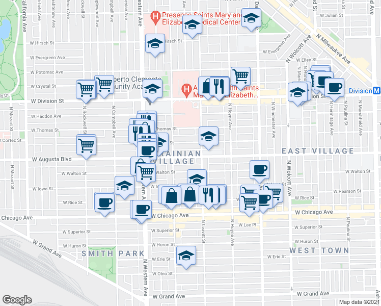 map of restaurants, bars, coffee shops, grocery stores, and more near 2212 West Augusta Boulevard in Chicago