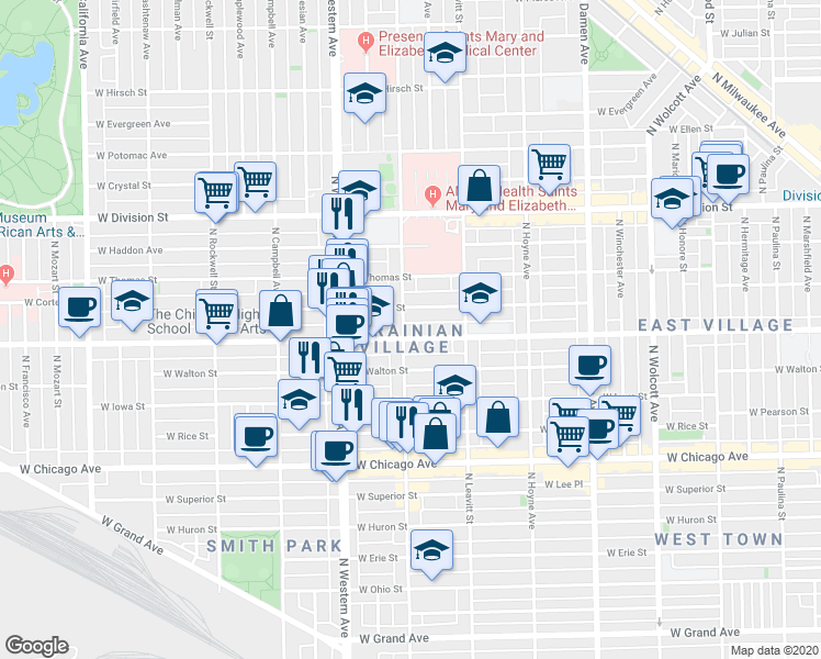 map of restaurants, bars, coffee shops, grocery stores, and more near in Chicago
