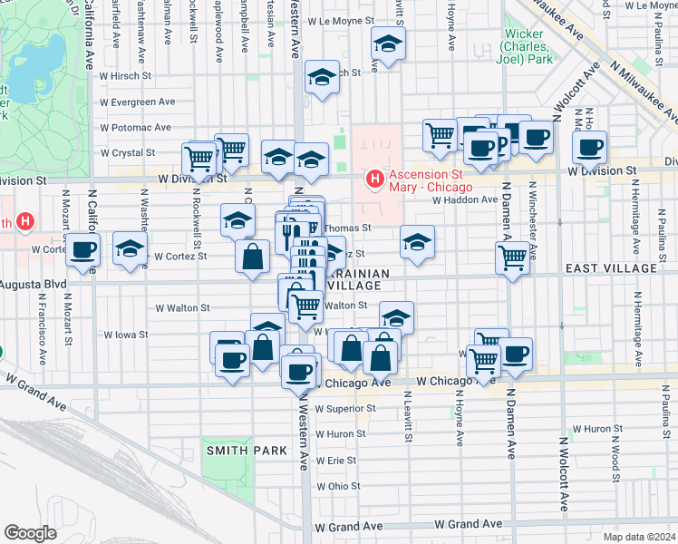 map of restaurants, bars, coffee shops, grocery stores, and more near 2326 West Augusta Boulevard in Chicago
