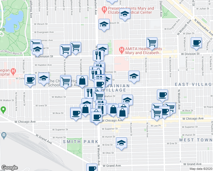 map of restaurants, bars, coffee shops, grocery stores, and more near 2326 West Augusta Boulevard in Chicago