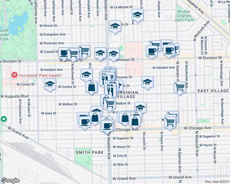 map of restaurants, bars, coffee shops, grocery stores, and more near 2326 West Augusta Boulevard in Chicago