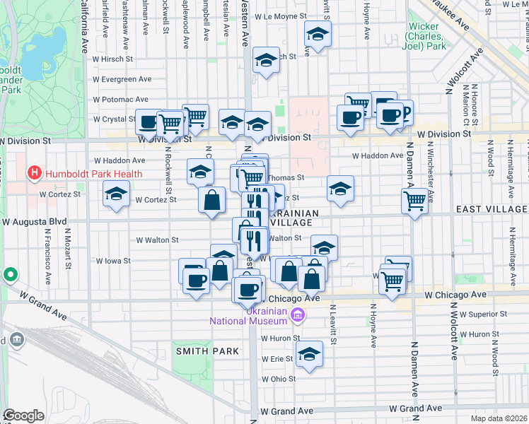 map of restaurants, bars, coffee shops, grocery stores, and more near 2326 West Augusta Boulevard in Chicago