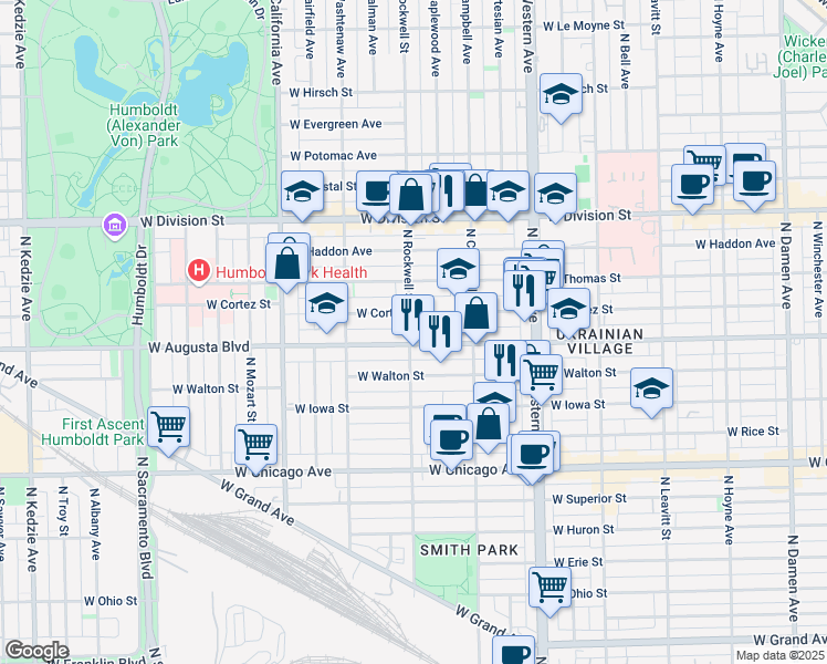 map of restaurants, bars, coffee shops, grocery stores, and more near in Chicago