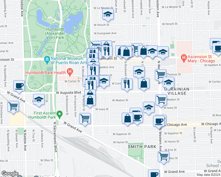 map of restaurants, bars, coffee shops, grocery stores, and more near 2700 West Augusta Boulevard in Chicago