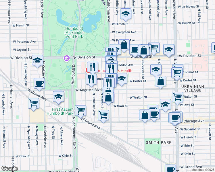 map of restaurants, bars, coffee shops, grocery stores, and more near in Chicago