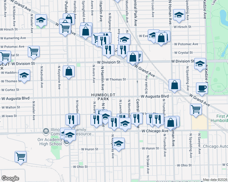map of restaurants, bars, coffee shops, grocery stores, and more near 1015 North Ridgeway Avenue in Chicago