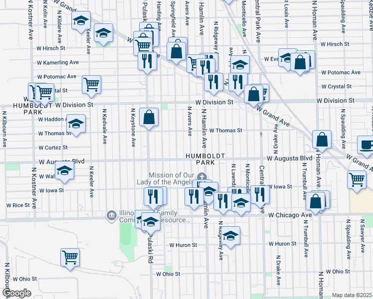 map of restaurants, bars, coffee shops, grocery stores, and more near 1012 North Avers Avenue in Chicago