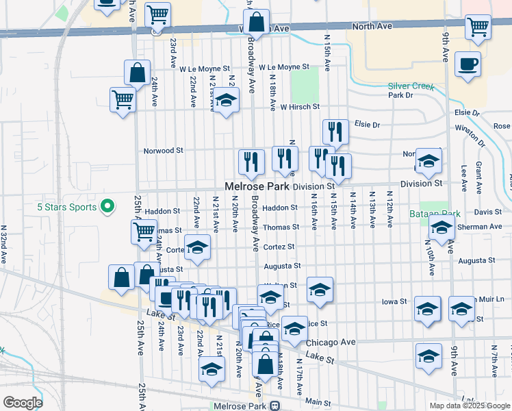 map of restaurants, bars, coffee shops, grocery stores, and more near 1319 North 19th Avenue in Melrose Park