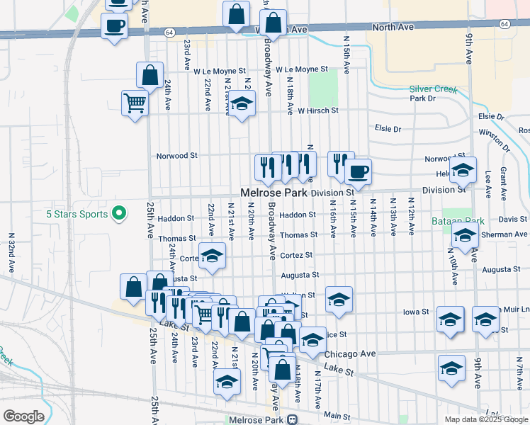 map of restaurants, bars, coffee shops, grocery stores, and more near 1319 North 20th Avenue in Melrose Park