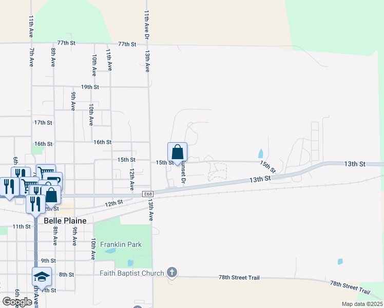 map of restaurants, bars, coffee shops, grocery stores, and more near 1505 Sunset Drive in Belle Plaine