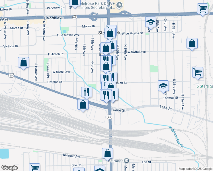 map of restaurants, bars, coffee shops, grocery stores, and more near 1559 Mannheim Road in Stone Park