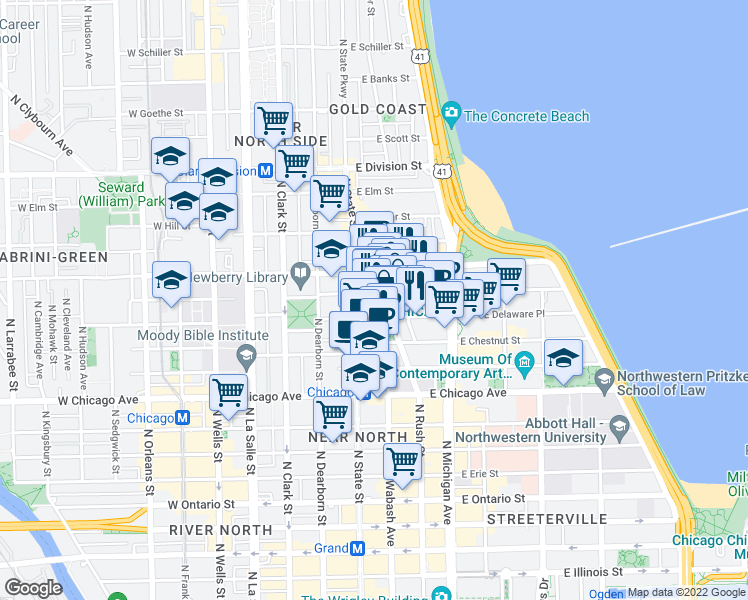 map of restaurants, bars, coffee shops, grocery stores, and more near 12 East Walton Street in Chicago