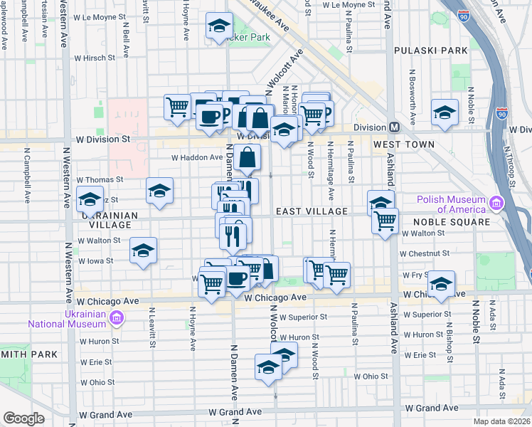 map of restaurants, bars, coffee shops, grocery stores, and more near 958 North Wolcott Avenue in Chicago