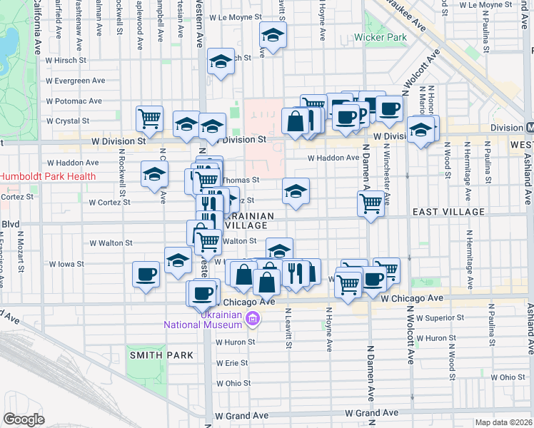 map of restaurants, bars, coffee shops, grocery stores, and more near 2212 West Augusta Boulevard in Chicago