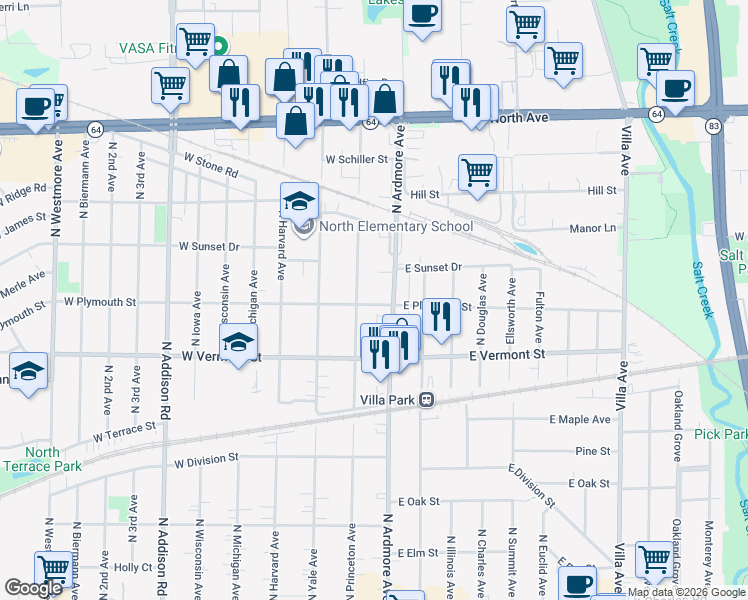 map of restaurants, bars, coffee shops, grocery stores, and more near 510 North Ardmore Avenue in Villa Park