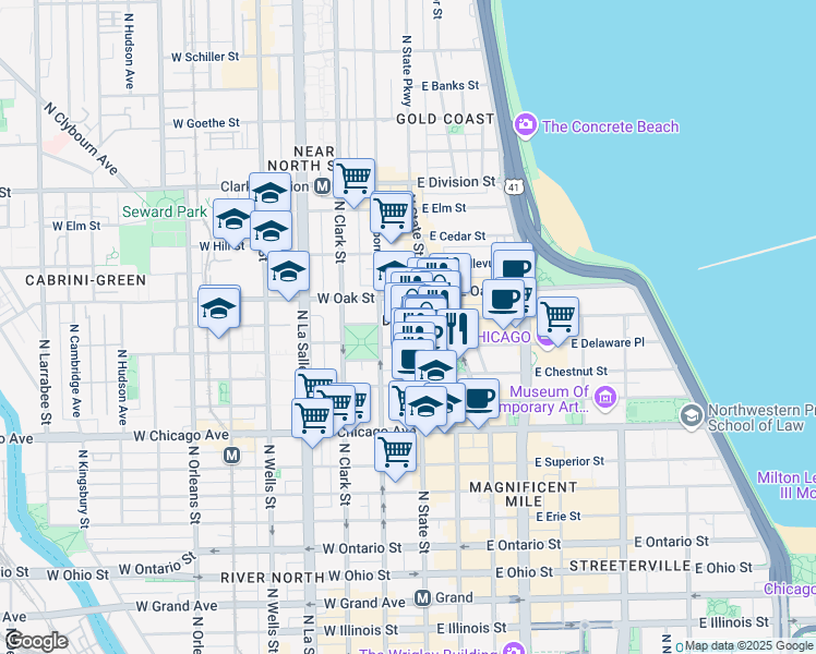map of restaurants, bars, coffee shops, grocery stores, and more near 908 North State Street in Chicago