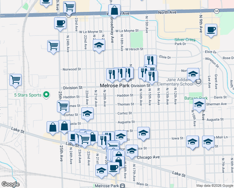 map of restaurants, bars, coffee shops, grocery stores, and more near 1319 North 19th Avenue in Melrose Park